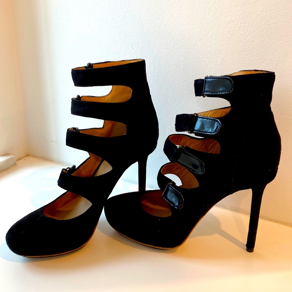 LAMB Black Suede Ankle Strap Georgio Platform Heels
